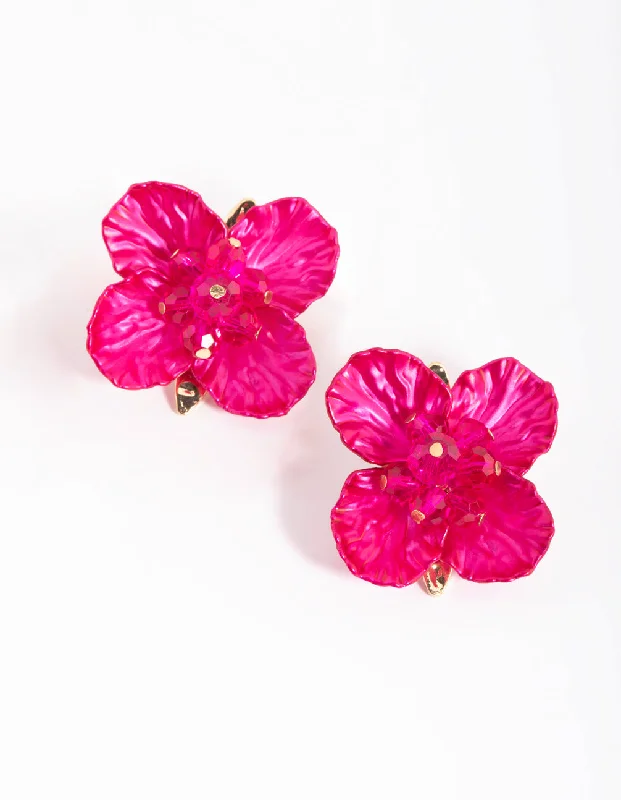 Big Statement Earrings-Fuchsia Pearlised Flower Stud Earrings