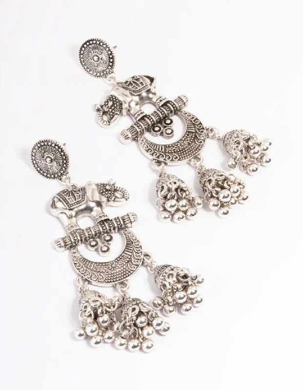 Elegant Drop Stud Earrings-Long Antique Silver Elephant Jhumka Earrings