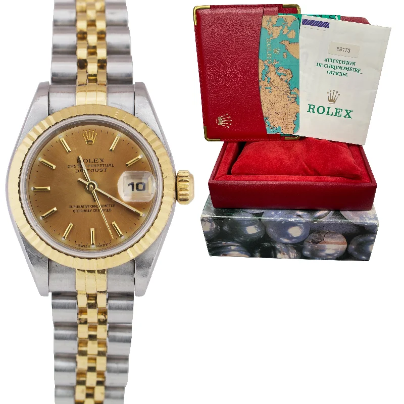 Elegant Silver Watch for Men-1998 Ladies Rolex DateJust 69173 26mm Two Tone NO HOLES PATINA Jubilee Watch