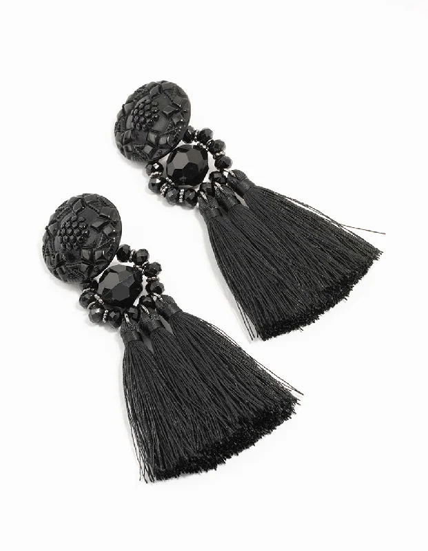 Funky Statement Earrings-Black Tassel Fabric Large Drop Earrings