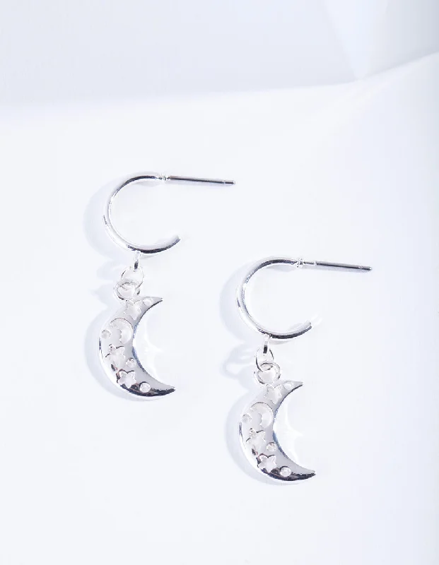 Large Silver Earrings-Silver Cut-Out Moon Hoop Earrings