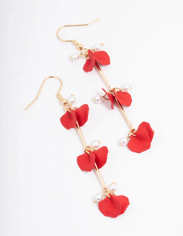 Simple Crystal Earrings-Red Pearl & Petal Drop Bar Earrings