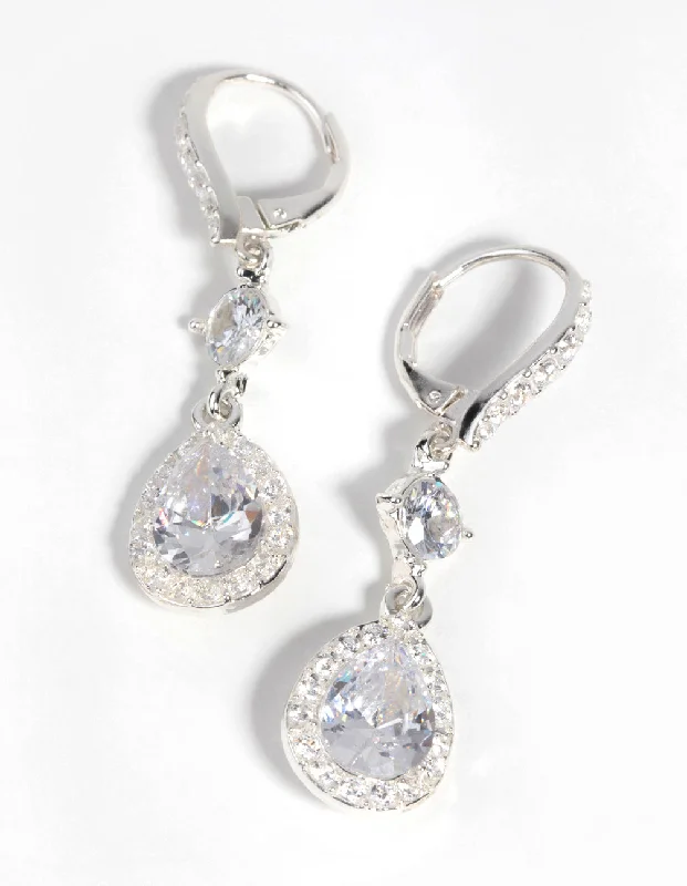 Geometric Shape Earrings-Silver Cubic Zirconia Pear Drop Earrings