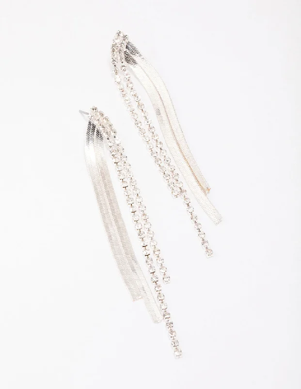 Glittery Hoop Earrings-Silver Cup Chain Diamante Drop Earrings