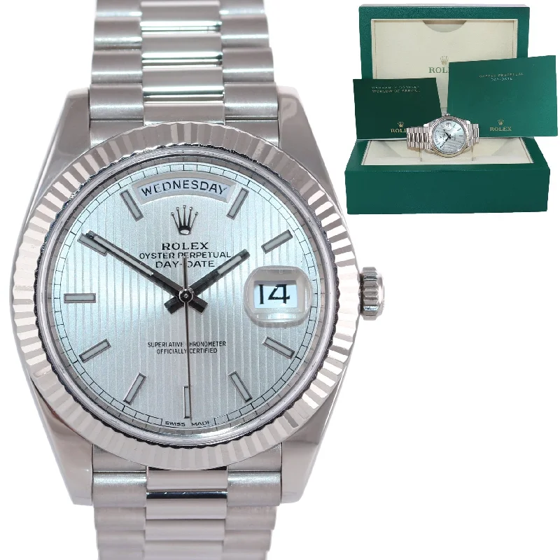 Men's Classic Watch with Date Display-2018 Rolex Day Date 40 White Gold President Silver Tapestry 228239 Watch Box