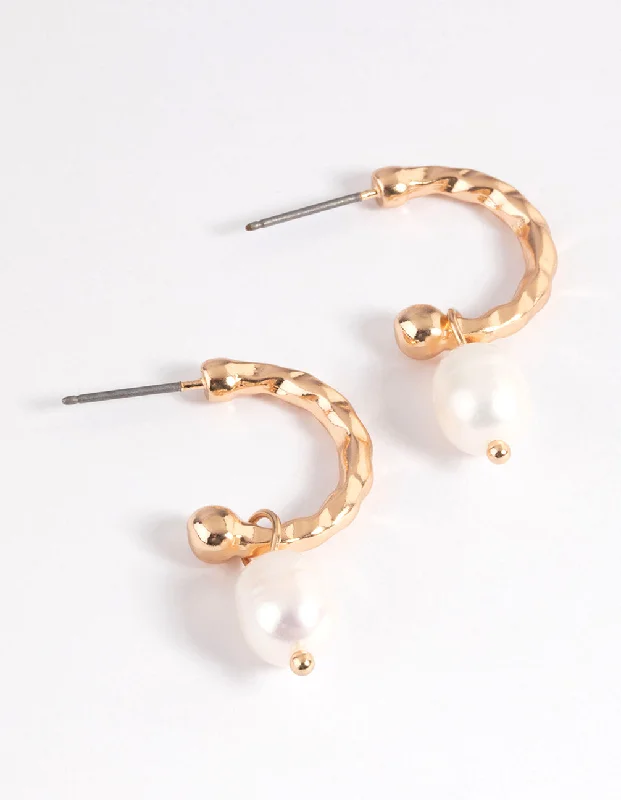 Adjustable Hoop Earrings-Gold Freshwater Pearl Textured Hoop Earrings