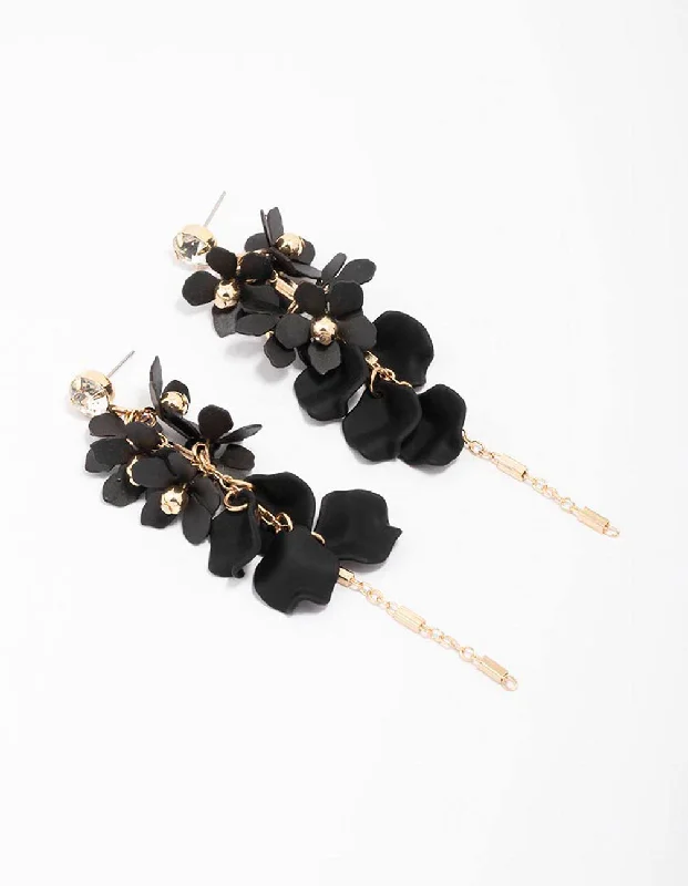 Fashionable Dangle Earrings-Gold & Black Petal Diamante Chain Drop Earrings