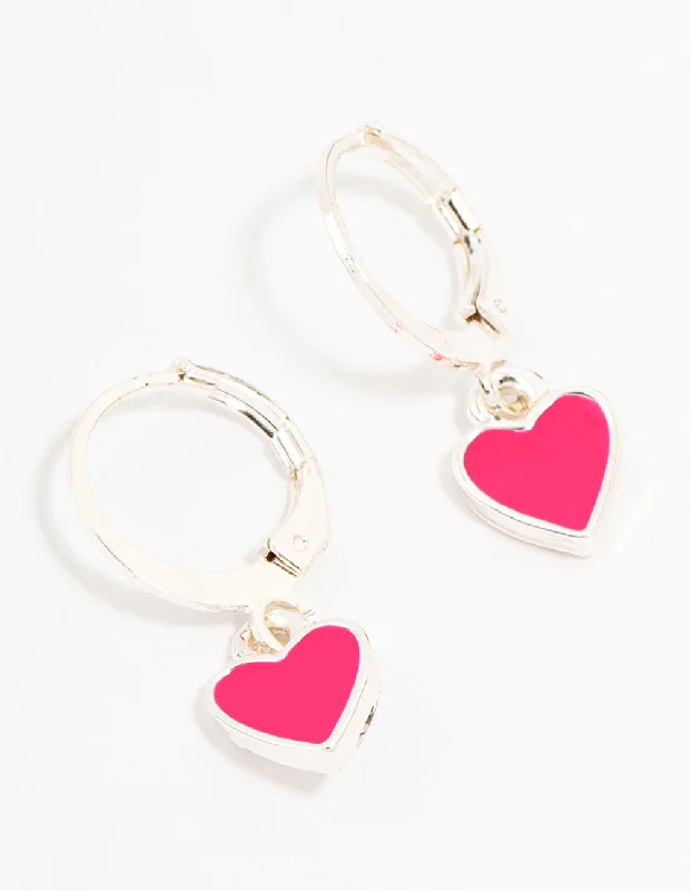 Silver Stud Earrings-Pink Silver Drop Heart Huggie Earrings