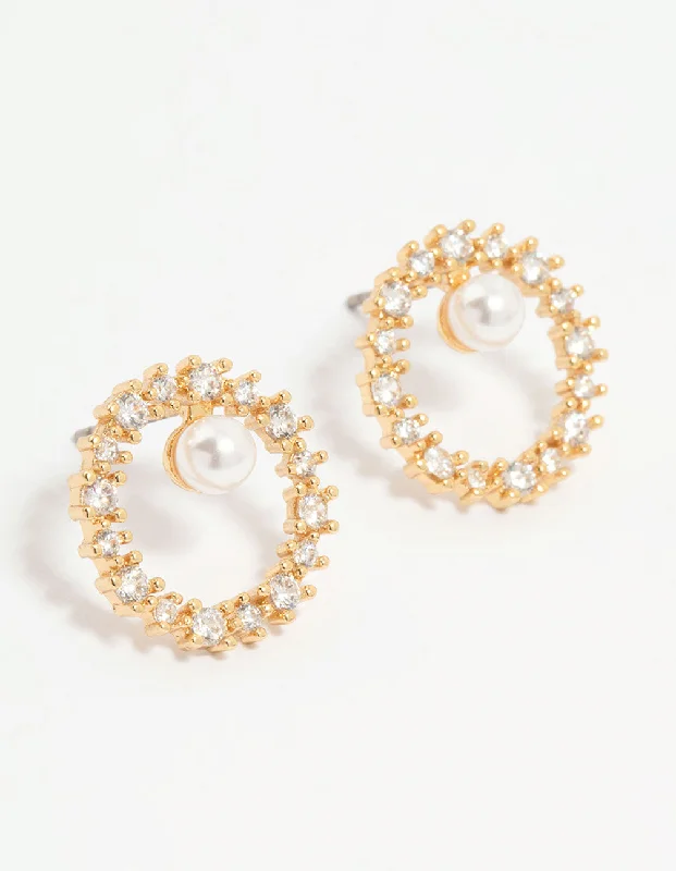 Crystal Drop Earrings-Gold Plated Cubic Zirconia Pearl Wreath Stud Earrings