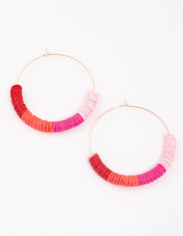 Bold Statement Earrings-Pink Flat Disc Beaded Wire Hoop Earrings