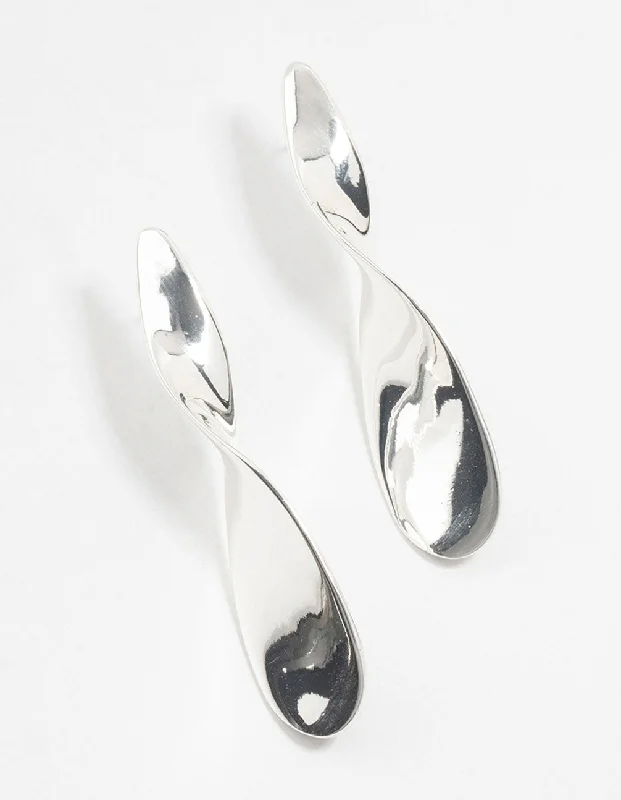 Unique Silver Hoop Earrings-Silver Smooth Twisted Drop Earrings