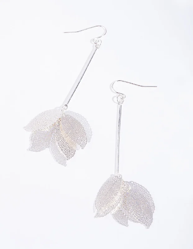 Fashion Drop Earrings-Silver Faux Leaf Cluster Drop Earrings