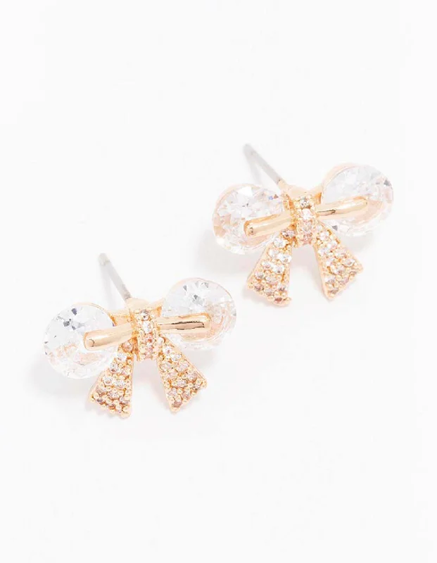 Casual Earrings-Gold Diamante Bow Stud Earrings