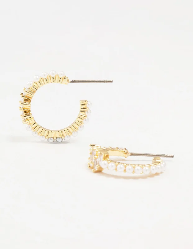 Clear Crystal Earrings-Gold Plated Pearl & Cubic Zirconia Hoop Earrings