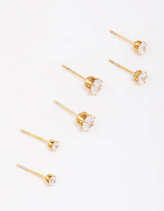 Unique Pearl Drop Earrings-Gold Plated Surgical Steel Graduating Cubic Zirconia Stud Earring 3-Pack