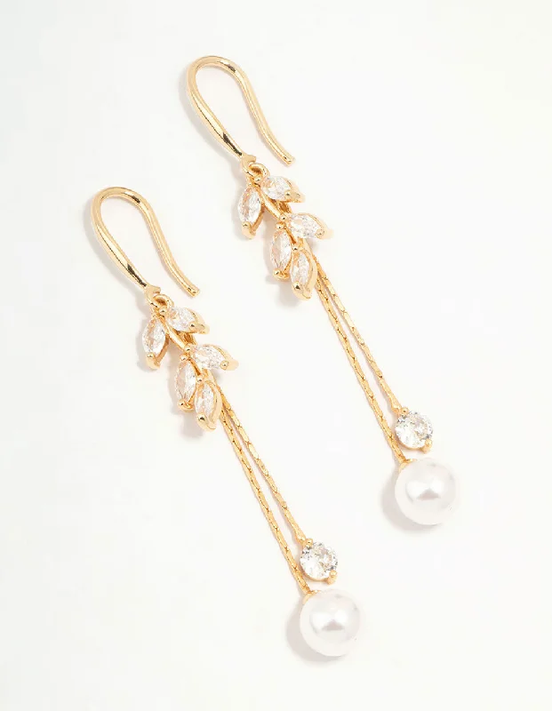 Unique Pearl Drop Earrings-Gold Cubic Zirconia Leaf & Pearl Drop Earrings