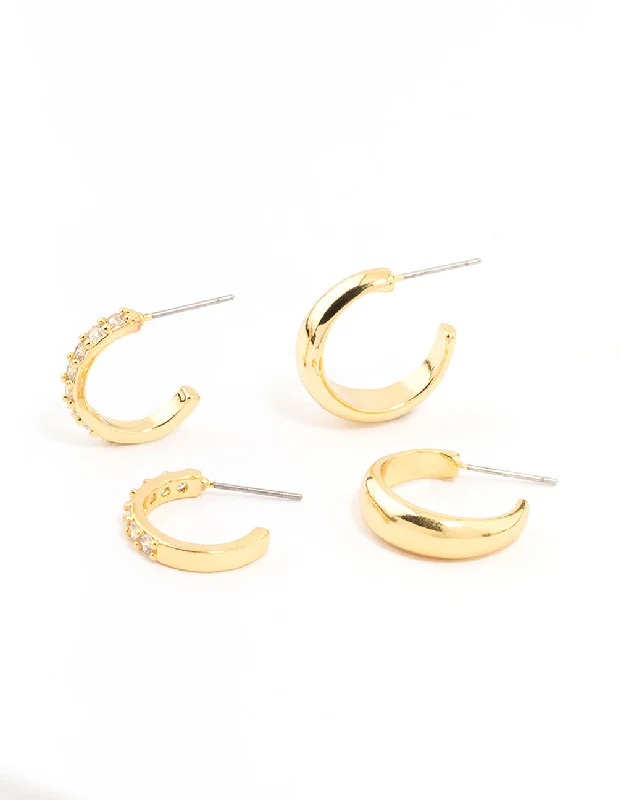 Elegant Pearl Earrings-Gold Plated Cubic Zirconia Hoop Earrings 2-Pack