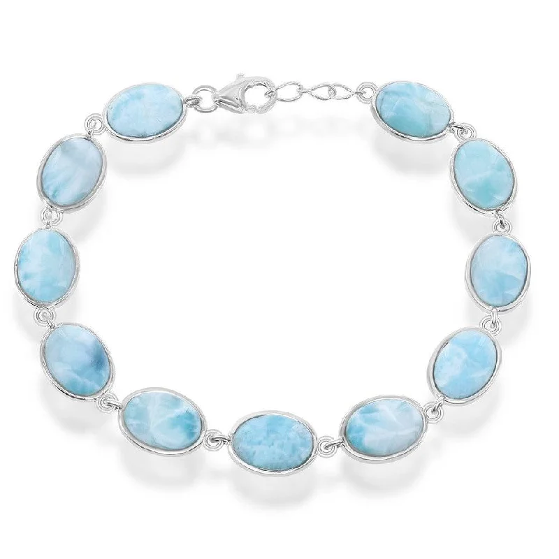 Stylish Gemstone Bracelet-Sterling Silver Oval Larimar Link Bracelet