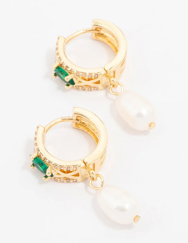 Vintage Gold Earrings-Gold Plated Cubic Zirconia Emerald Marquise & Freshwater Pearl Huggie Earrings