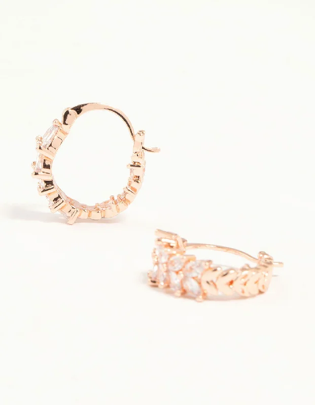 Simple Gold Earrings-Rose Gold Plated Medium Vine Cubic Zirconia Hoop Earrings