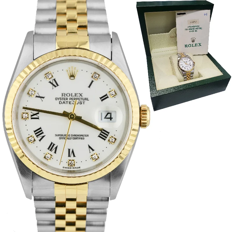 Custom Analog Watch for Women-Rolex DateJust 36mm Two-Tone White FACTORY Diamond NO HOLES 18K Jubilee 16233