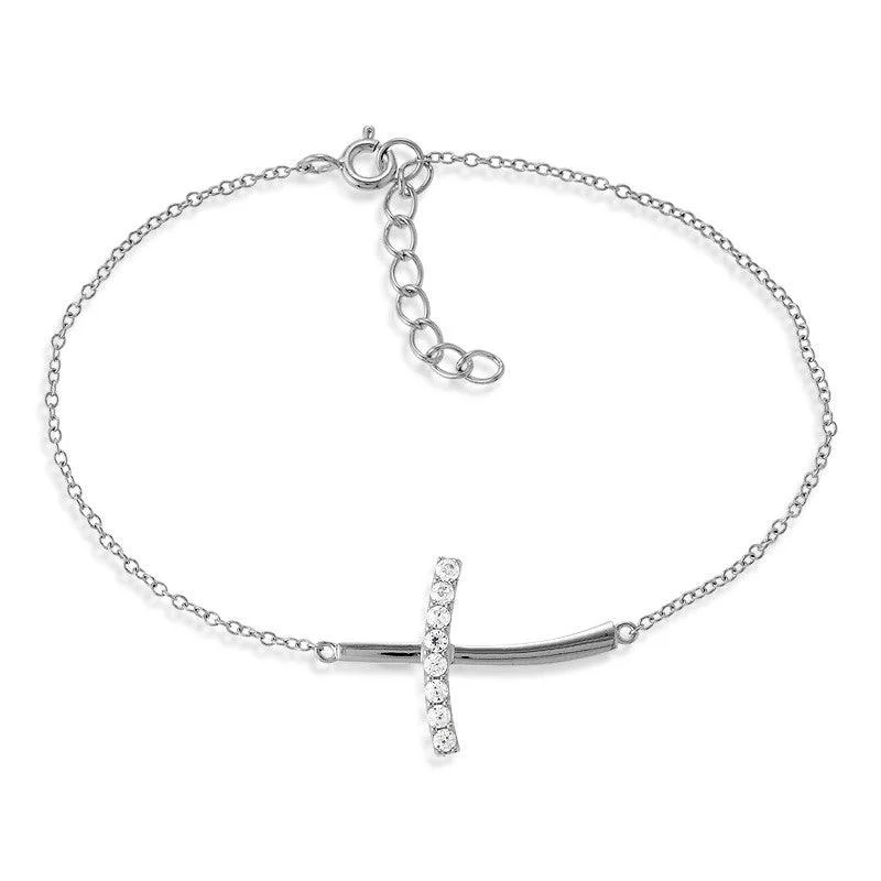 Gold Chain Bracelet-Sterling Silver Half CZ Curved Sideways Cross Bracelet, 7"