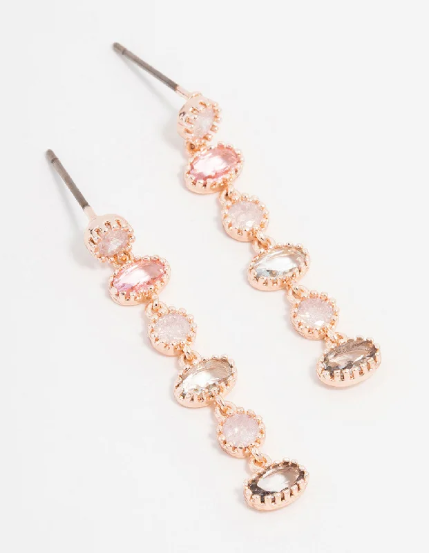 Fashionable Dangle Earrings-Rose Gold Plated Cubic Zirconia Oval & Round Stone Drop Earrings