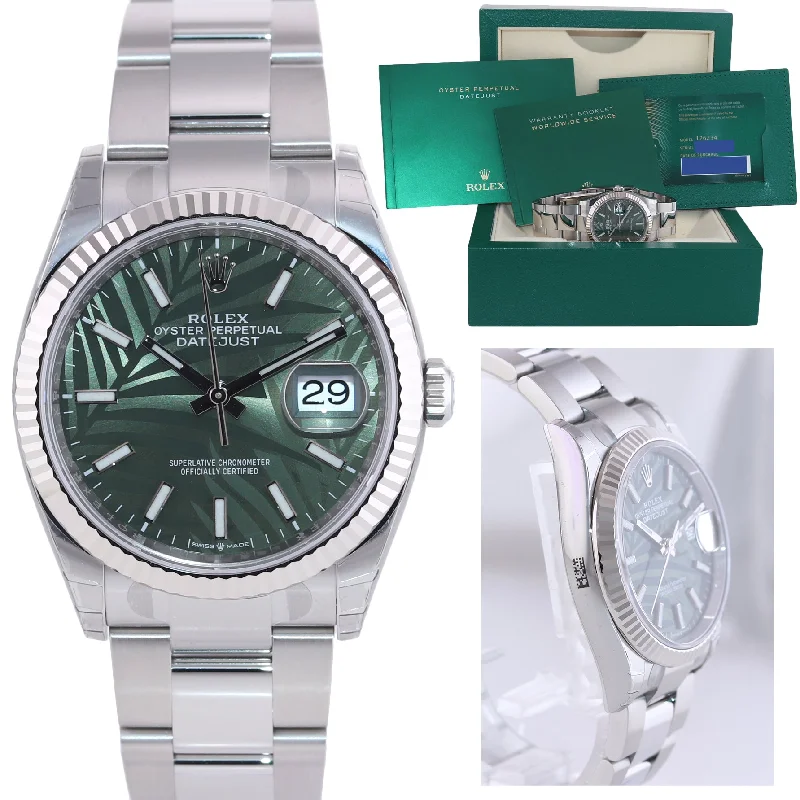 Men's Watch with Multiple Functions-BRAND NEW 2021 126234 Rolex DateJust 36mm Fluted Olive Green Palm Motif Watch