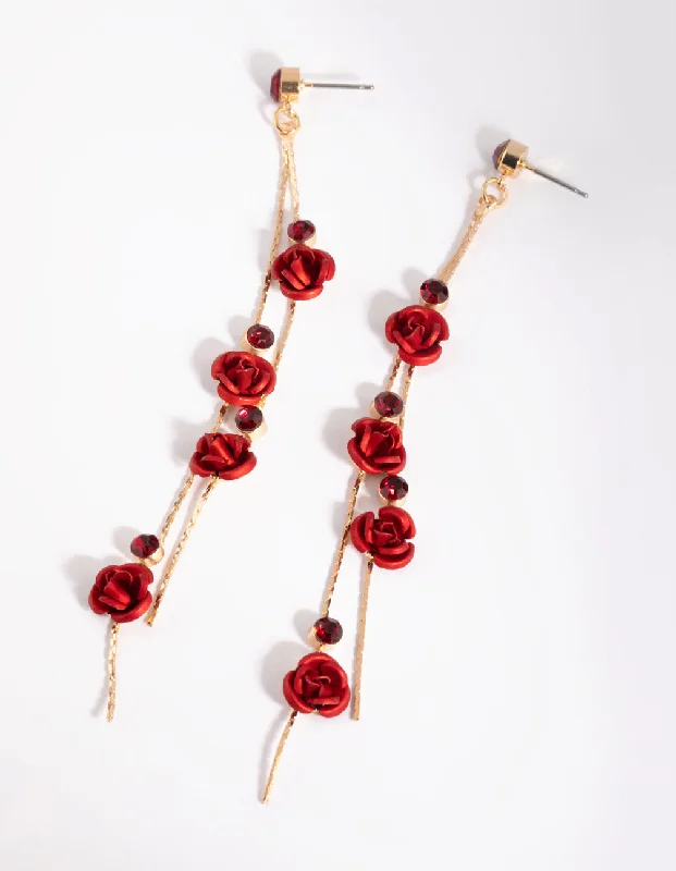 Long Dangle Earrings-Red Rose Drop Earrings