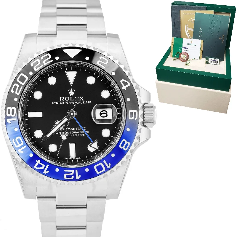 Designer Chronograph Watch for Women-NEW STICKERED NOS Rolex GMT-Master II Batman Blue Black Ceramic 116710 BLNR B+P