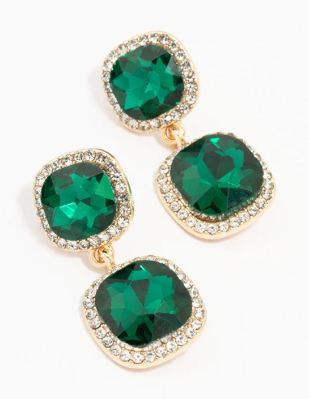 Crystal Hoop Earrings-Gold Double Square Emerald Halo Drop Earrings