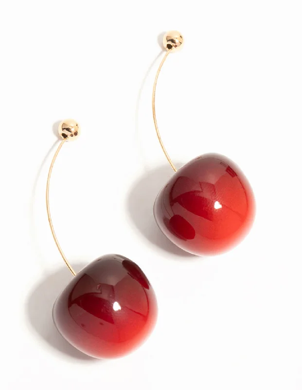 Large Statement Earrings-Red Cherry Thread Through Gold Drop Earrings