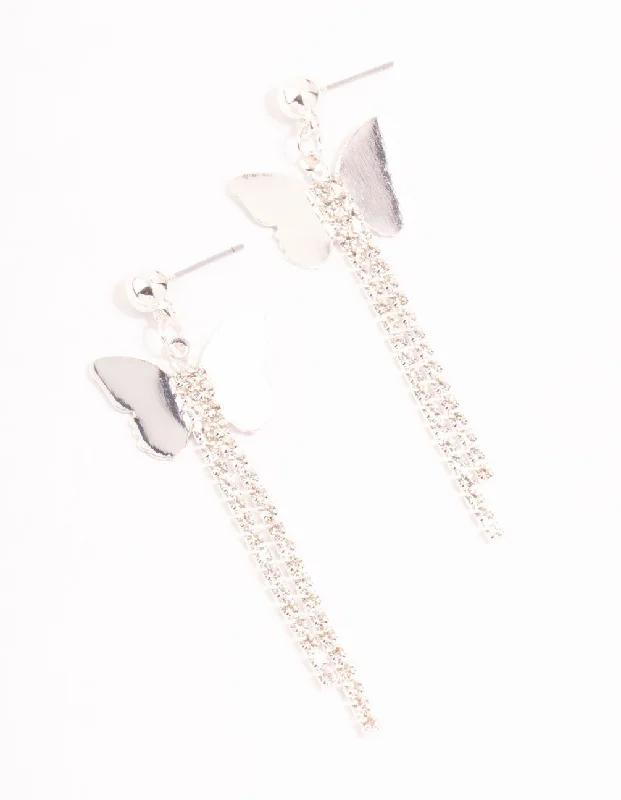 Elegant Gemstone Earrings-Silver Cupchain Butterfly Drop Earrings