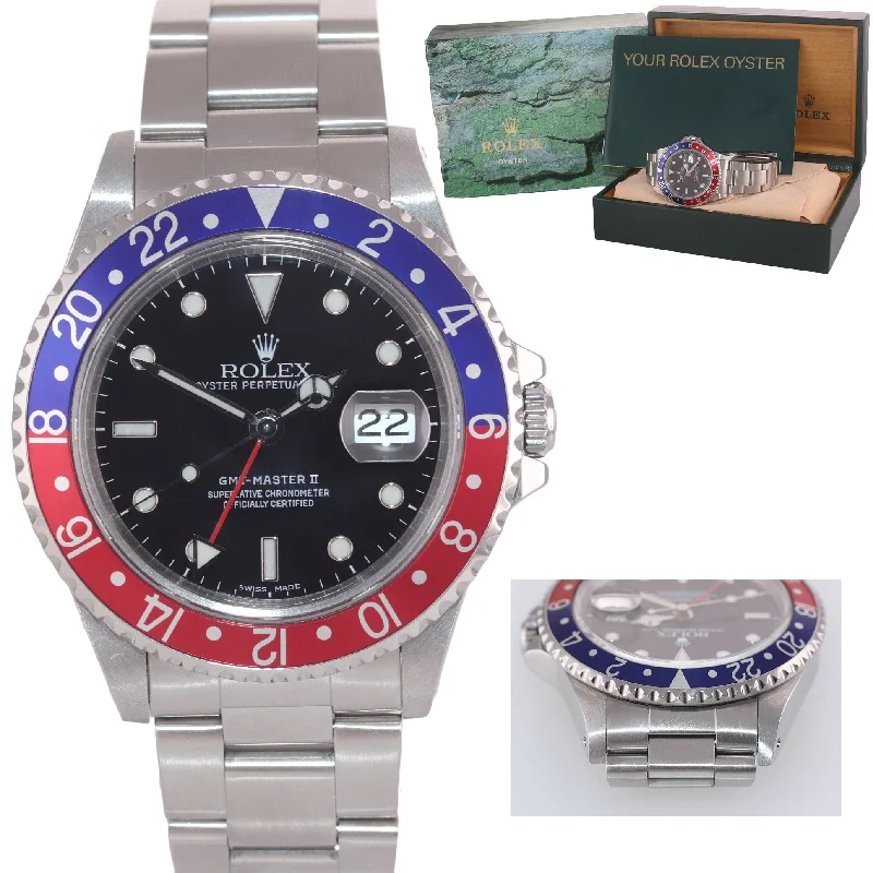 Luxury Stainless Steel Wristwatch-1999 Rolex GMT-Master 2 Pepsi 40mm Steel 16710 Blue Red Watch Box