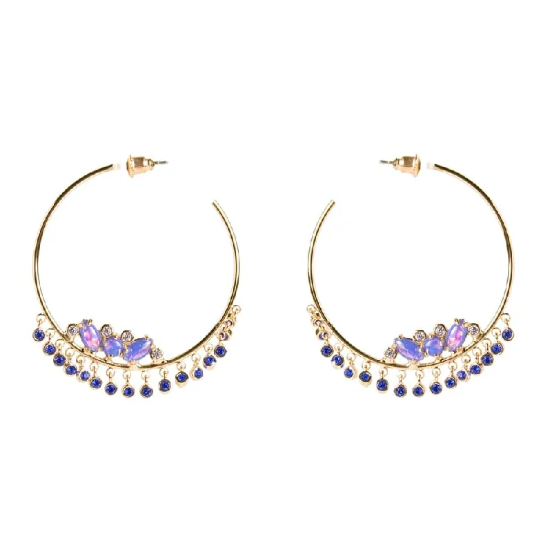 Long Tassel Earrings-Ophelia Opal and Sapphire Blue Gold Hoop Earrings