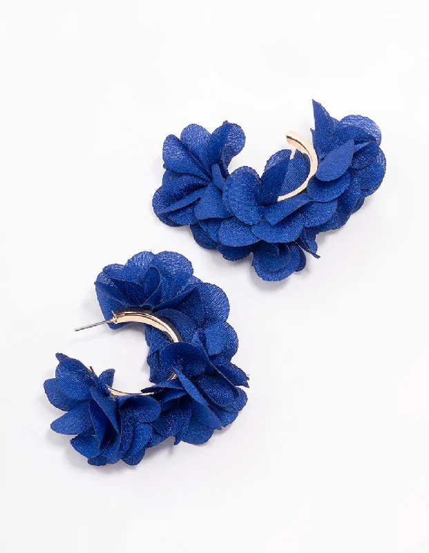 Silver Teardrop Earrings-Gold Navy Fabric Flower Hoop Earrings