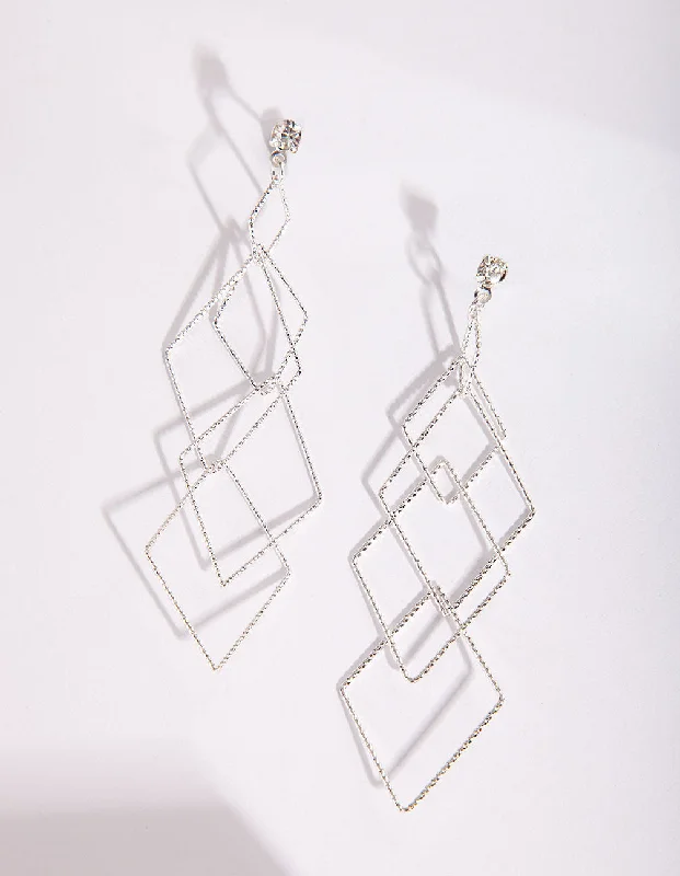 Geometric Hoop Earrings-Silver Fine Diamond Cut Earrings