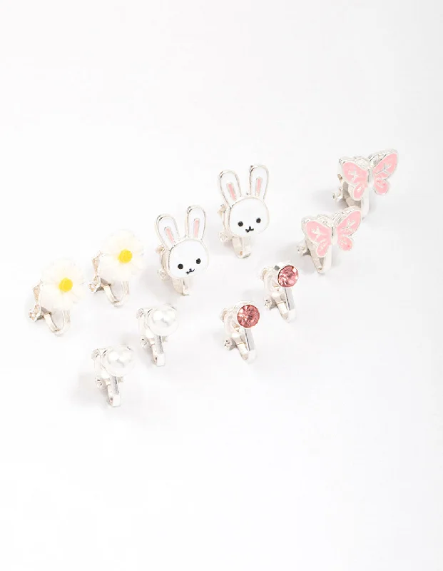 Bold Gold Earrings-Kids Silver Bunny & Flower Clip On Earring 6-Pack