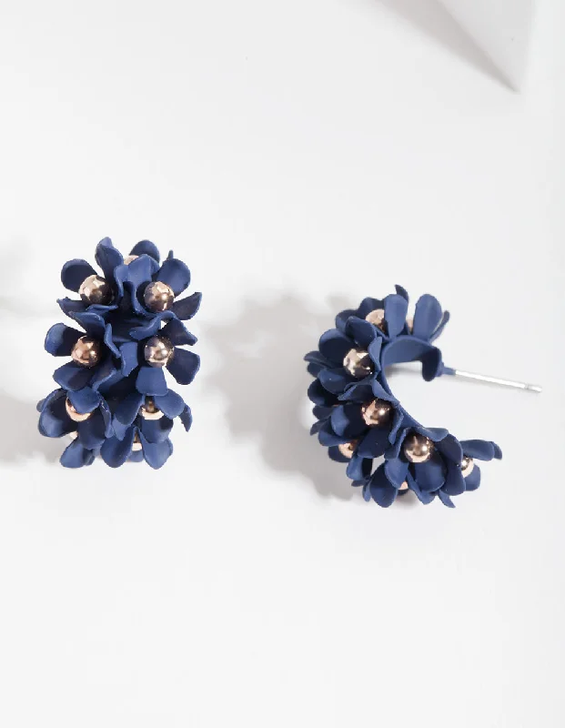 Shiny Drop Earrings-Blue Mini Cluster Flower Hoop Earrings