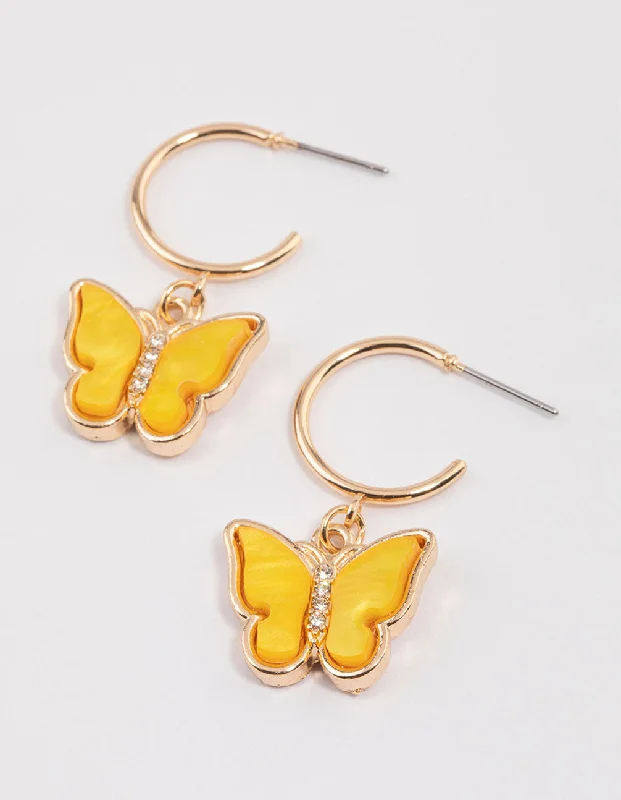 Simple Silver Drop Earrings-Yellow Acrylic Butterfly Huggie Earrings