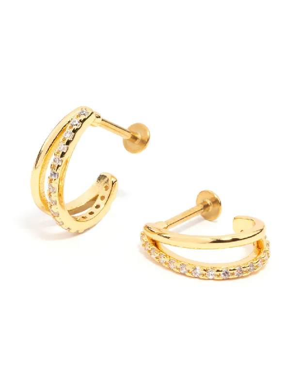 Elegant Stud Earrings-Gold Plated Surgical Steel Double Cubic Zirconia Hoop Flat Back 2-Pack