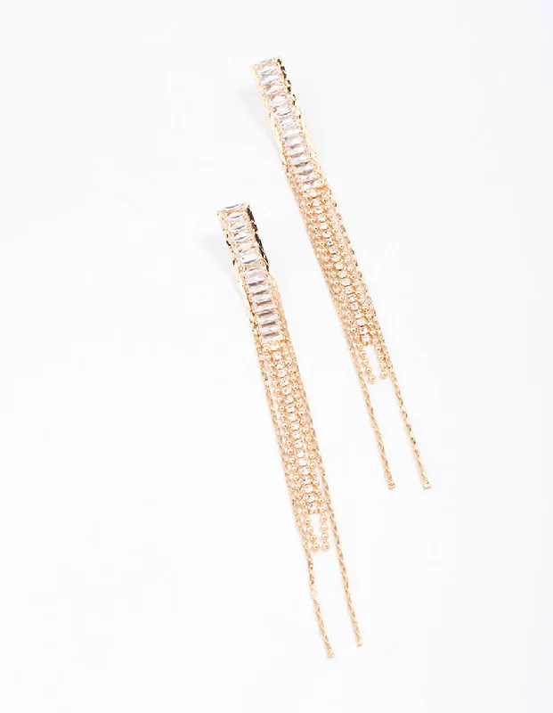 Bold Statement Earrings-Gold Cubic Zirconia Chain Drop Earrings