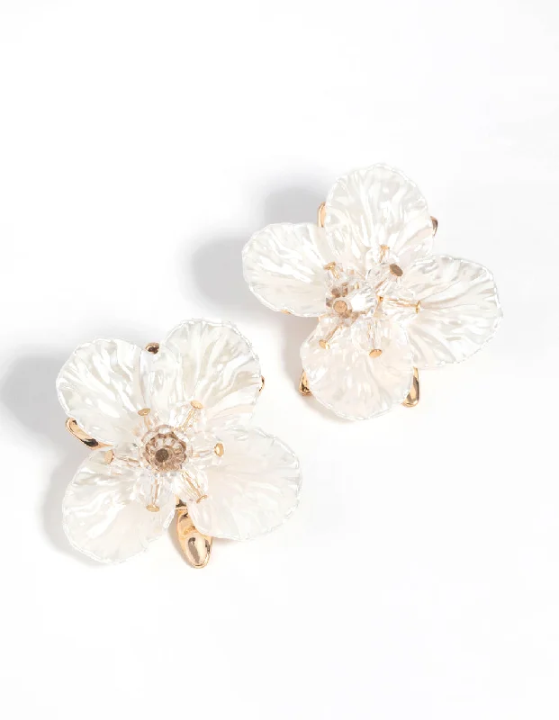 Pearl Dangle Earrings-Gold Large Pearlised Flower Earrings