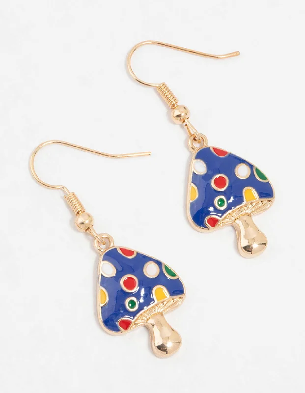 Handmade Gemstone Earrings-Gold Blue Enamel Mushroom Drop Earrings