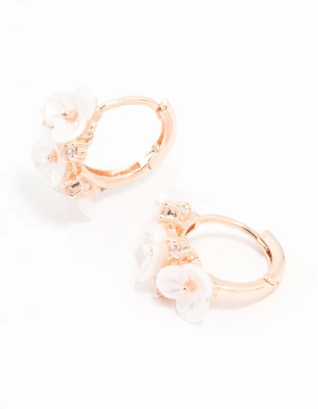 Metal Hoop Earrings-Rose Gold Plated Pearl Flower Trio Hoop Earrings