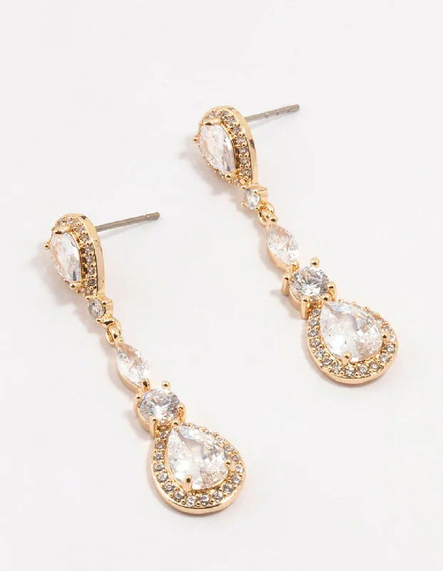 Simple Silver Earrings-Gold Cubic Zirconia Pear Halo Drop Earrings