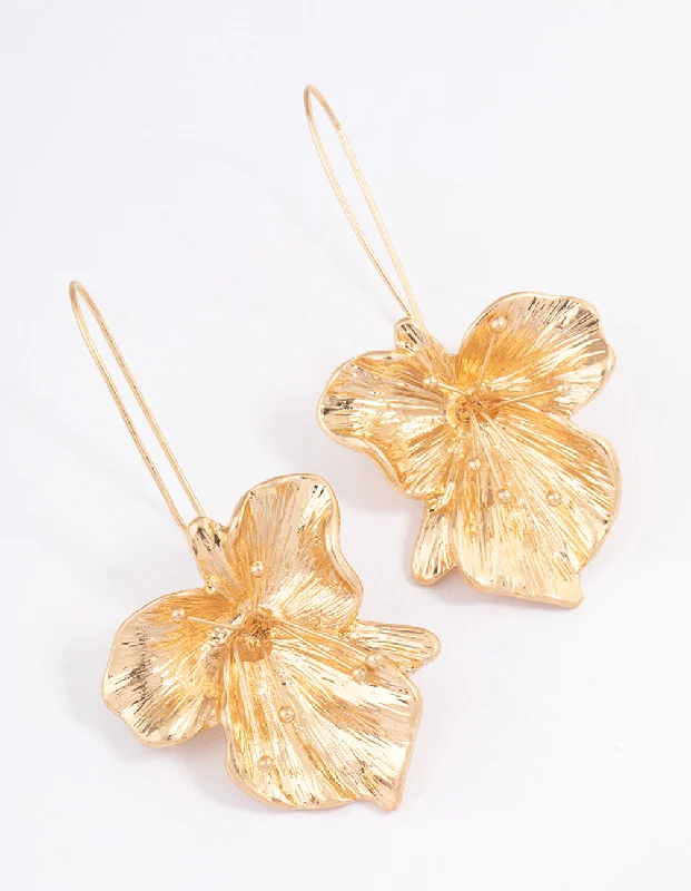 Chic Gold Stud Earrings-Worn Gold Organic Flower Drop Earrings