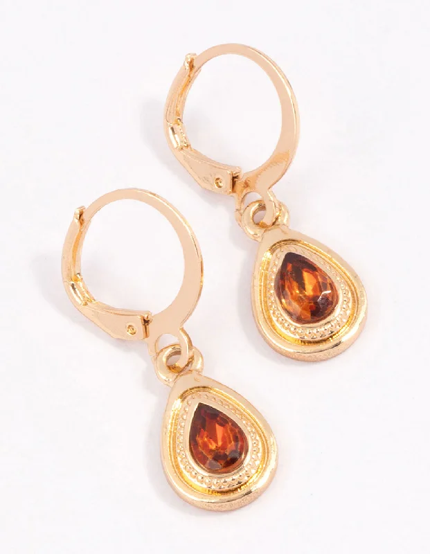 Stylish Hoop Earrings-Gold Diamante Pear Encased Huggie Earrings