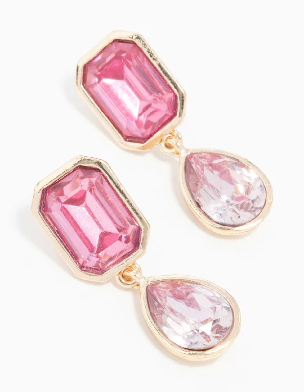 Adjustable Hoop Earrings-Rose Gold Pink Diamante Drop Earrings