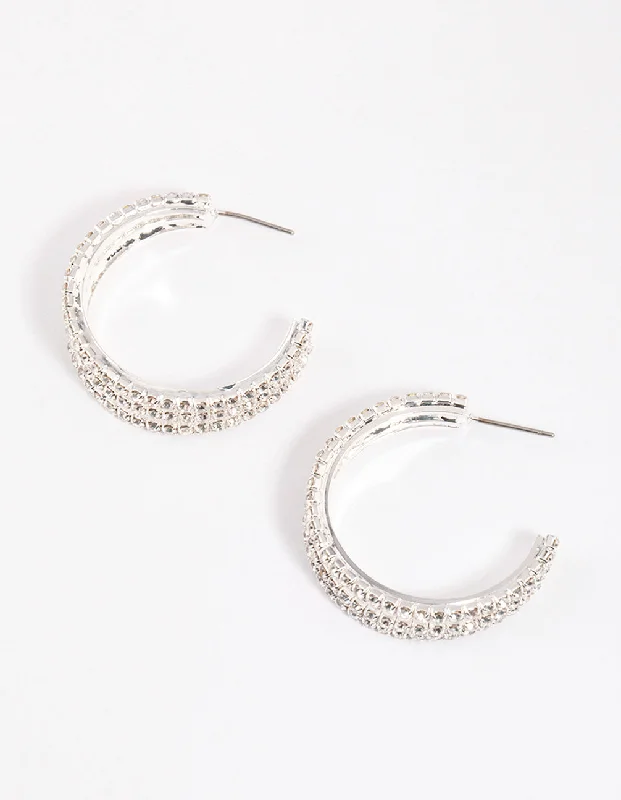 Crystal Dangle Earrings-Silver Triple Illusion Mini Hoop Earrings